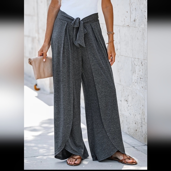 Pants - Knotted sash belt wide leg pants